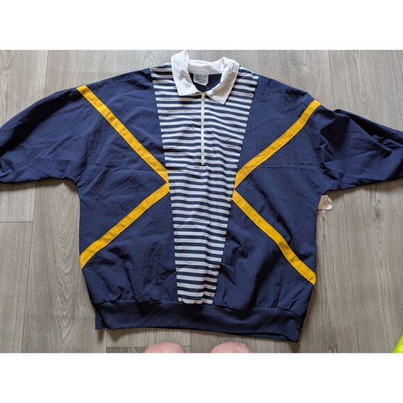 Vintage Navy White Striped Pullover Windbreaker Yellow Accents & Quarter-Zip 20w - Picture 1 of 9